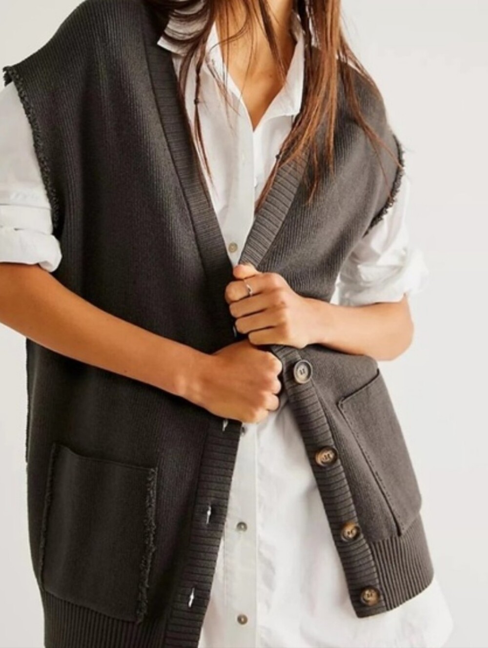 Free People Frat Ribbed Button Cardigan Jacket Vest